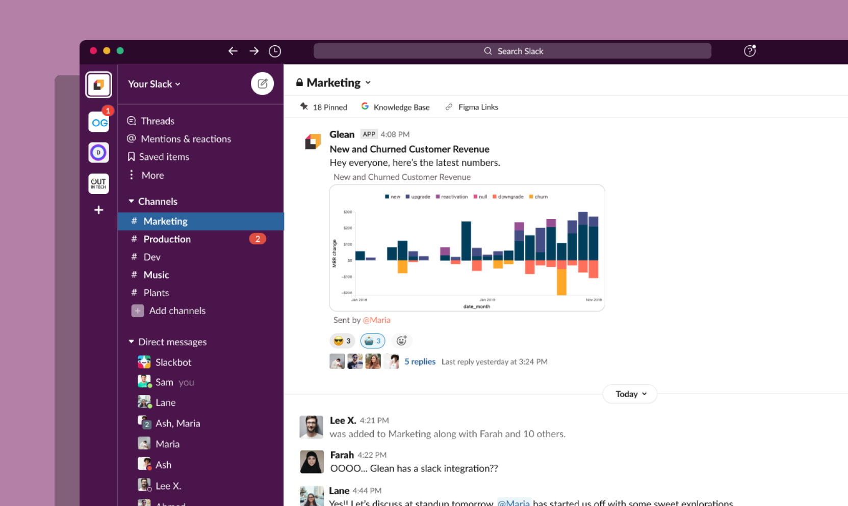 Screenshot of a Slack conversation and a Hashboard chart that has been shared with the Slack integration