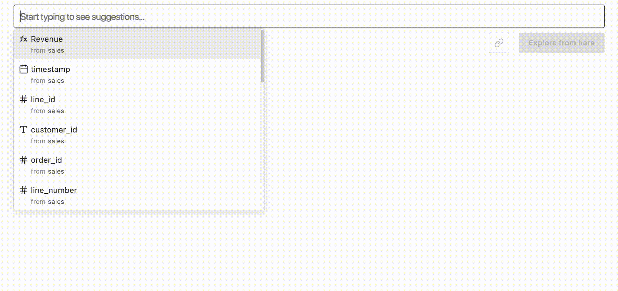 Searching for attributes and measures in Data Search generates a chart that can be explored